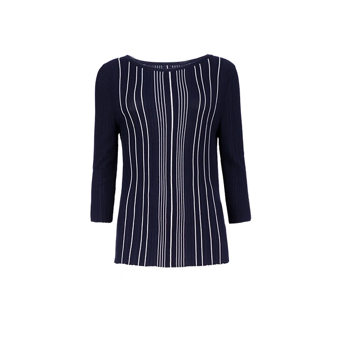 声雨竹女装专柜秋季款 七分袖蓝白条纹显瘦低圆领套头针织衫上衣