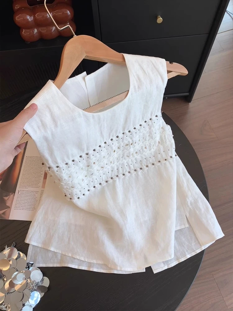 法式重工钉珠亚麻无袖背心衬衫女夏季高级感气质减龄宽松简约上衣