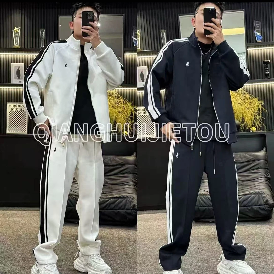 韩版宽松痞帅男女同款条纹拼接立领套装外套直筒休闲裤成套套装