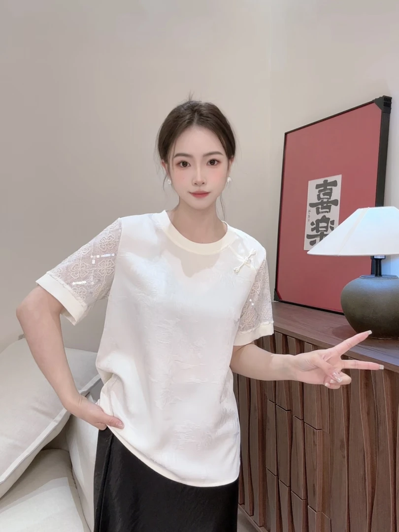 【熠熠生辉】2025春夏气质亮片刺绣T恤女日常百搭白色