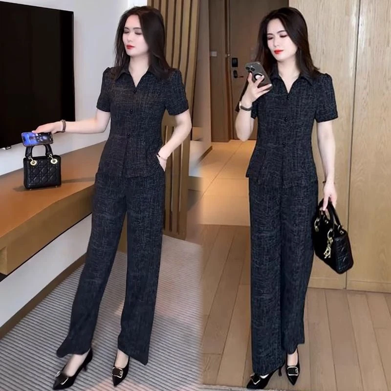 妈妈装时尚套装2025夏款新款洋气减龄遮肚子短袖上衣阔腿裤两件套