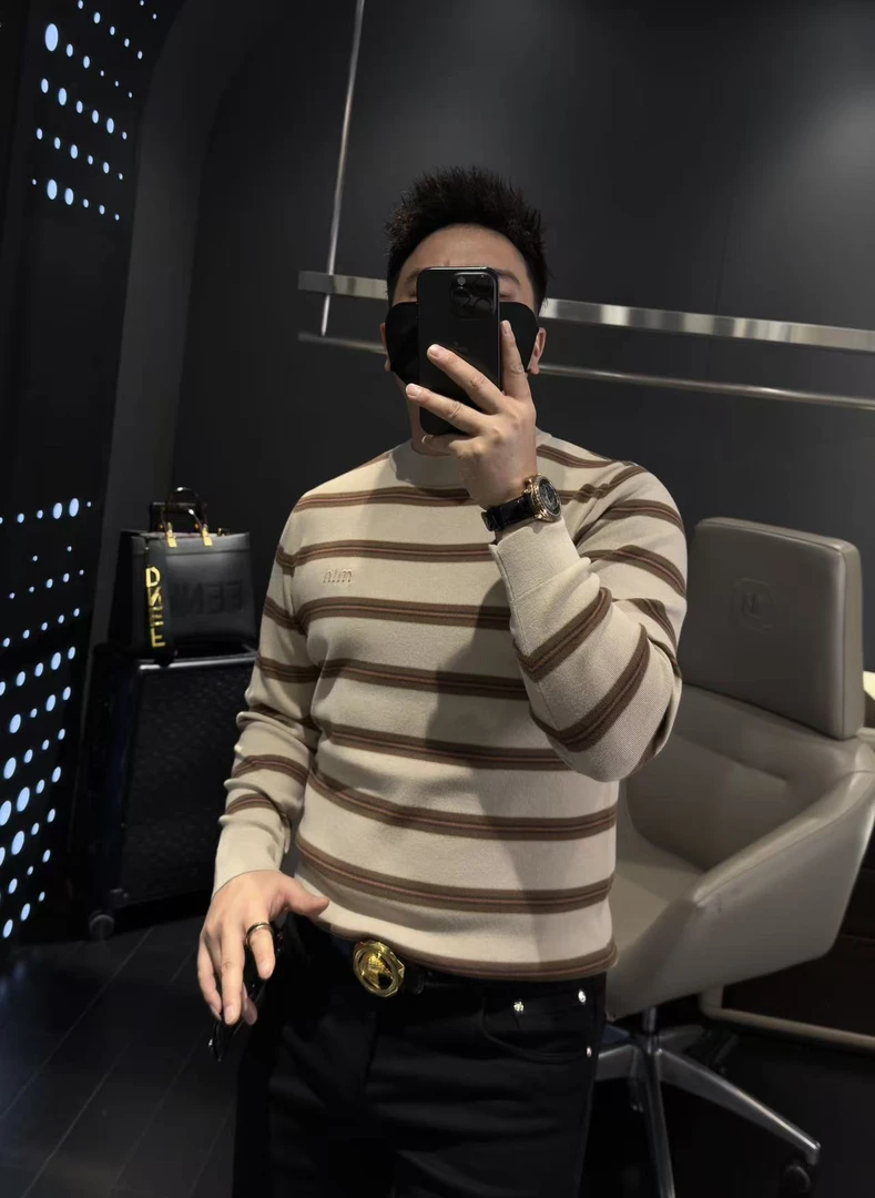 【马哥严选】2025秋冬新品男士圆领条纹长袖毛衣冬季打底衫舒适