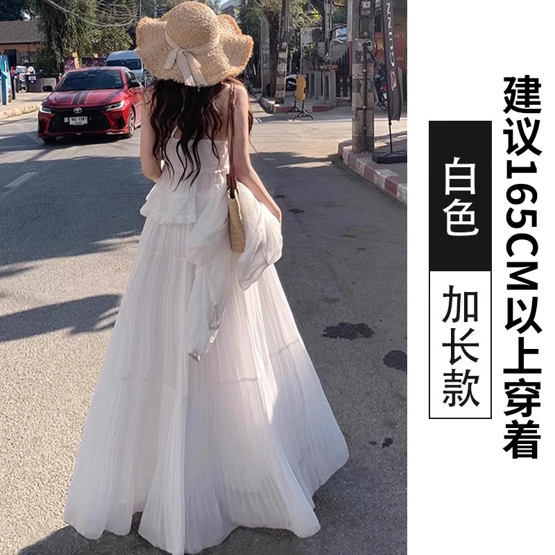 白色雪纺半身裙女夏季2025新款高腰显瘦a字大摆裙压褶长款蛋糕裙