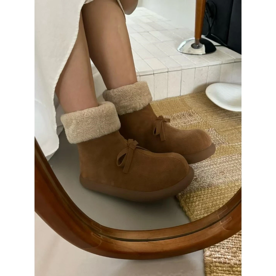 丑萌大头加绒保暖毛毛棉靴女2025复古风短靴蝴蝶结防滑平底雪地靴
