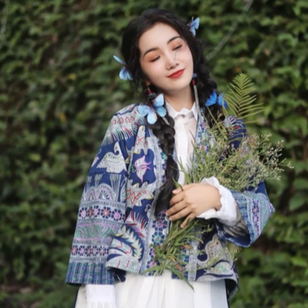 民族风手工植物染蜡染彩蜡前短后长短外套