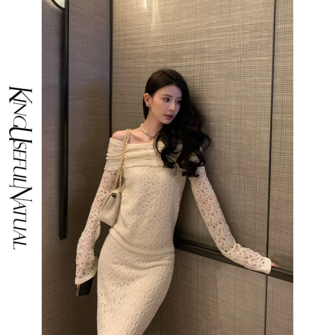 KUN【莉拉Lila】无法拒绝 镂空设计勾勒线条早春纱一字肩两件套装
