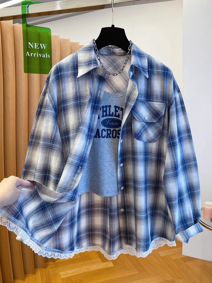 巨好看韩系格子衬衫女长袖2025早秋新款宽松背心加衬衣两件套上衣