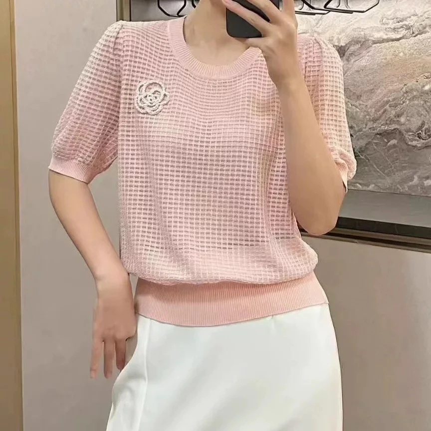 时尚气质漂亮钉珠花朵镂空针织衫8521