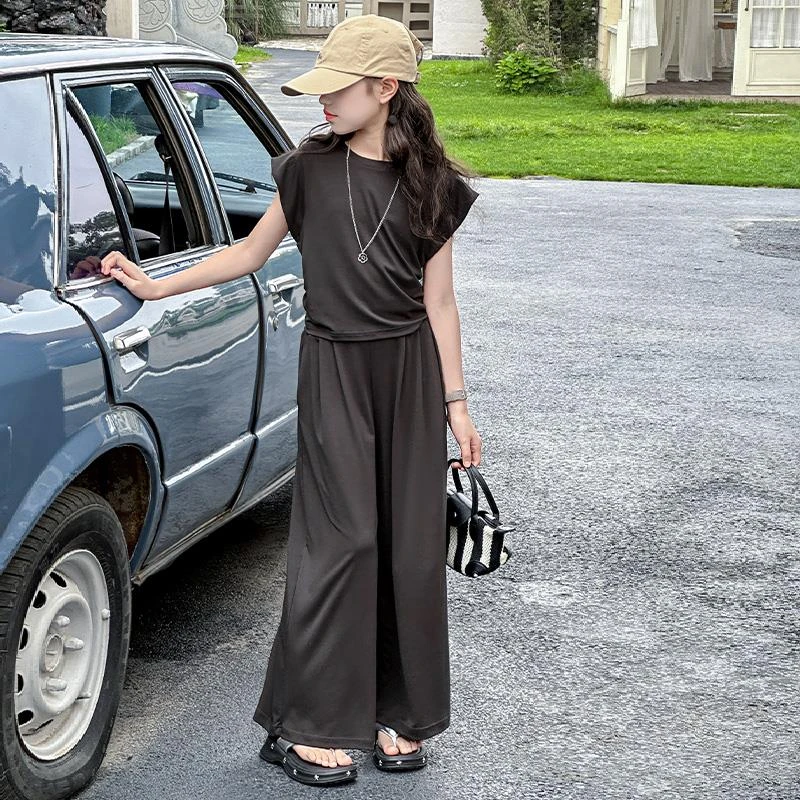 2025新款女大童夏季套装韩版中大童休闲个性洋气运动阔腿裤两件套