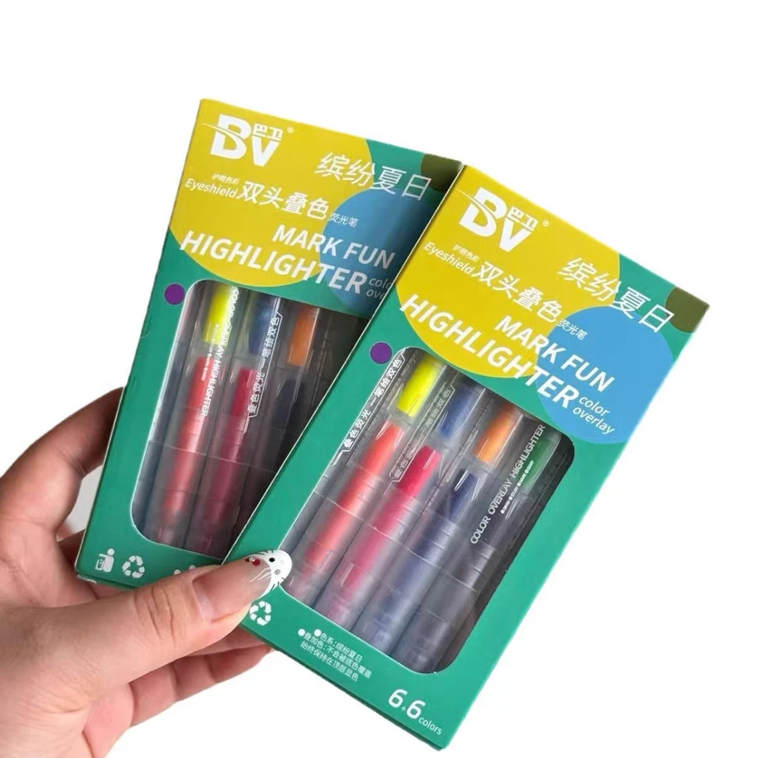 双头叠色荧光笔6粗细2盒
