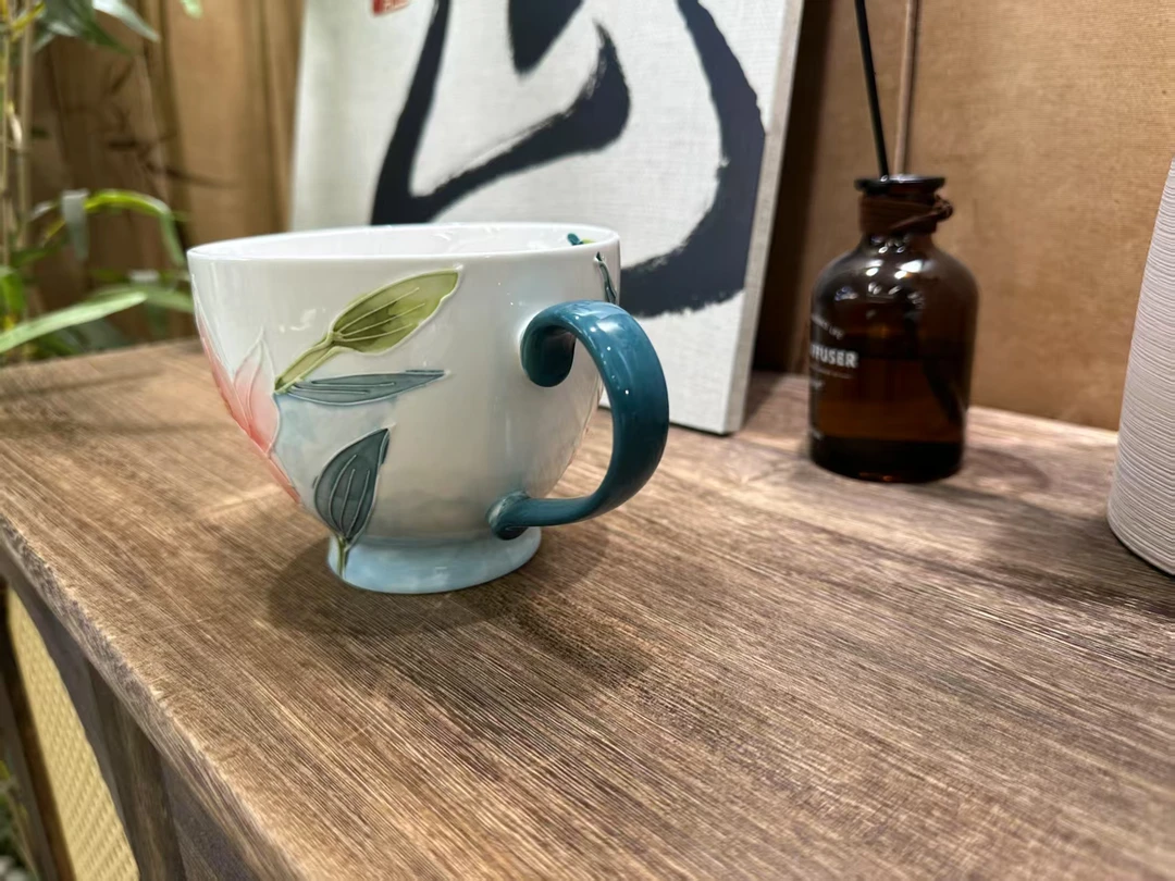高脚杯陶瓷咖啡杯蓝色复古手绘
