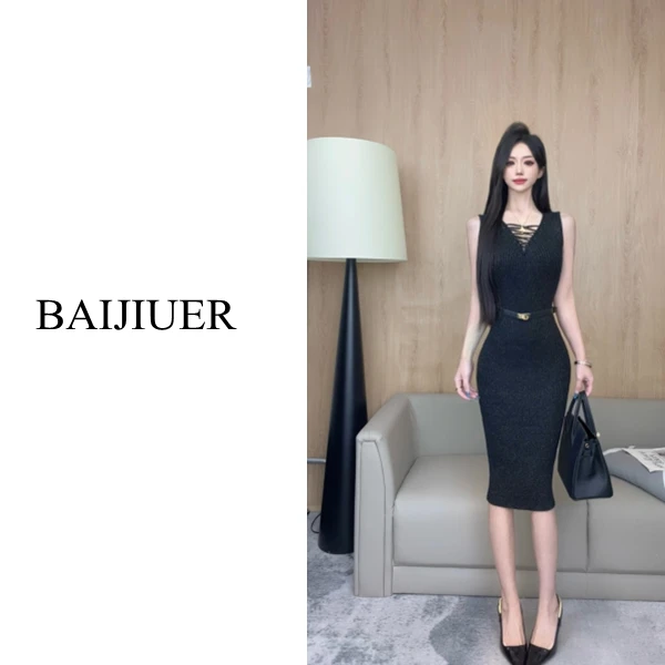 【BAIJIUER】高级气质女人V领镂空交叉绑带针织修身显瘦包臀连衣裙