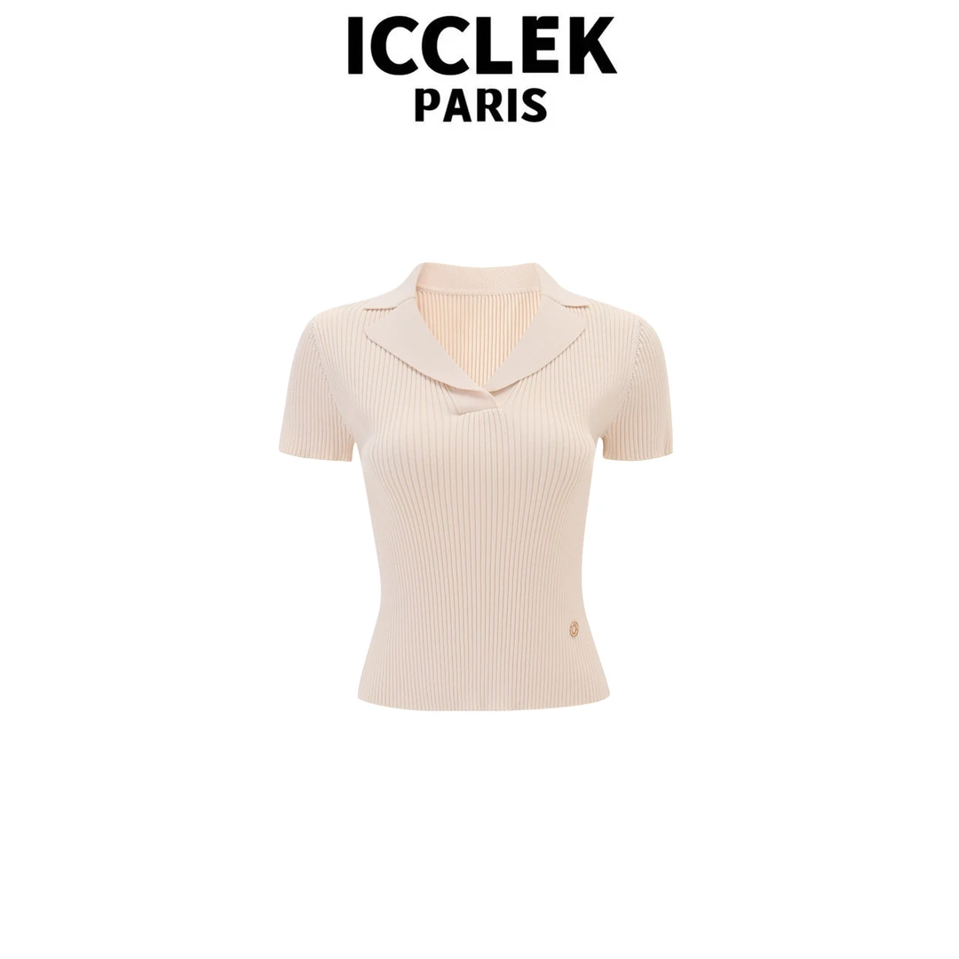 ICCLEK 杏色翻领短袖针织衫 夏季 休闲 百搭 -5569