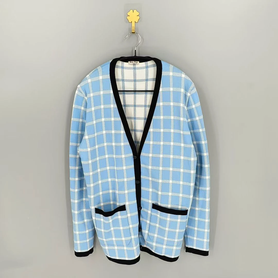 99新 MIU MIU/缪缪 葡萄籽奢潮/蓝色格子开衫外套/38码时尚
