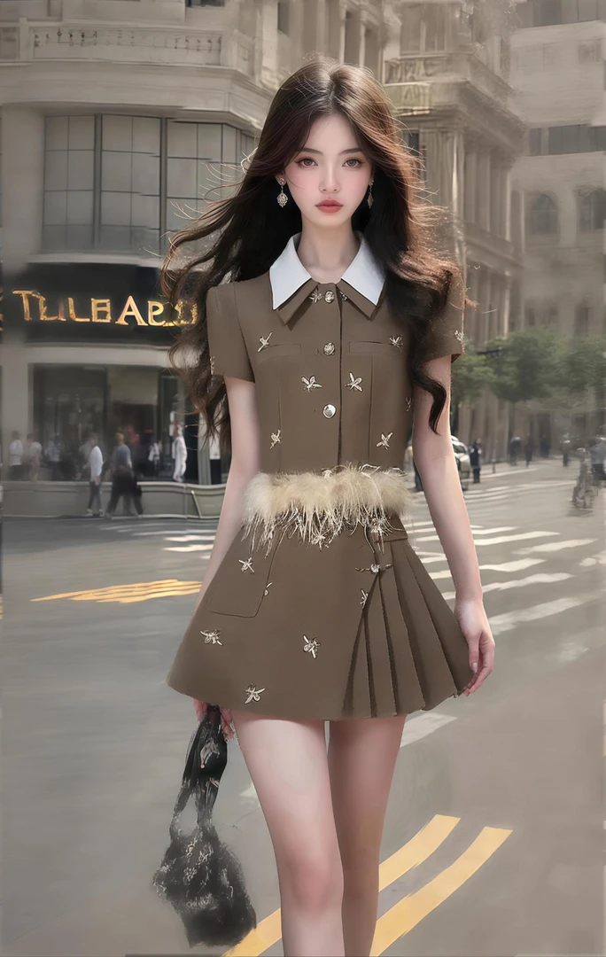 夏季新款棕色翻领短袖印花设计连衣裙女小众时尚气质显瘦高级裙子