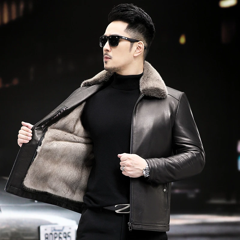 品质貂皮外套男水貂整貂脱卸内胆大衣皮毛一体鹿皮纹真皮皮衣夹克