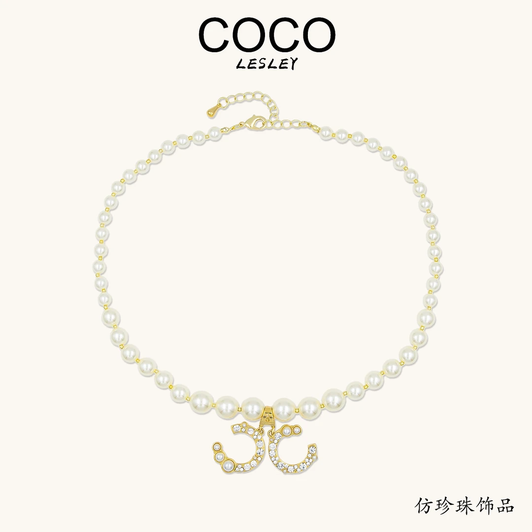 铜合金项链 铜合金 铂思亚 法式小香风爆款双C珠珠项链DR0058【达】