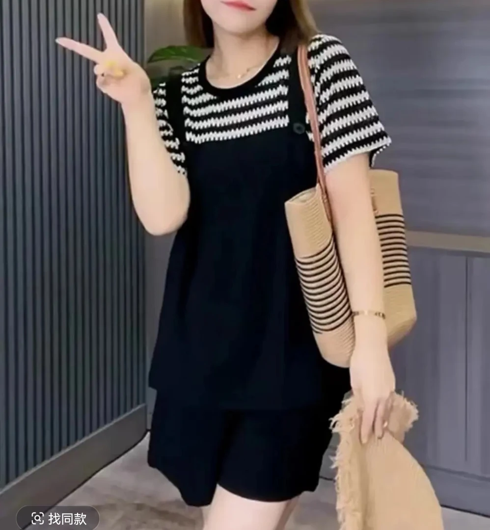 休闲风条纹拼接上衣短裤两件套胖mm2025夏季新款显瘦宽松大码女装