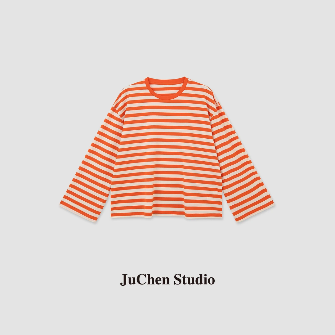 “莫比乌斯橘”多巴胺条纹慵懒撞色舒适宽松长袖T恤 FW064566