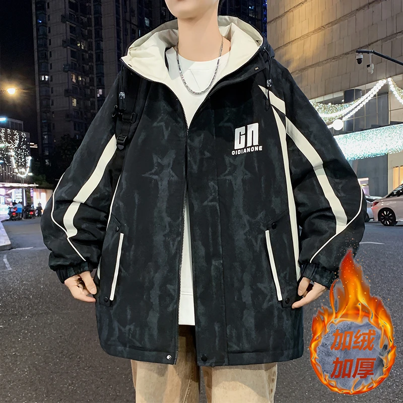 冬季新款保暖连帽加绒加厚青少年男工装夹克套装学生帅气休闲外套