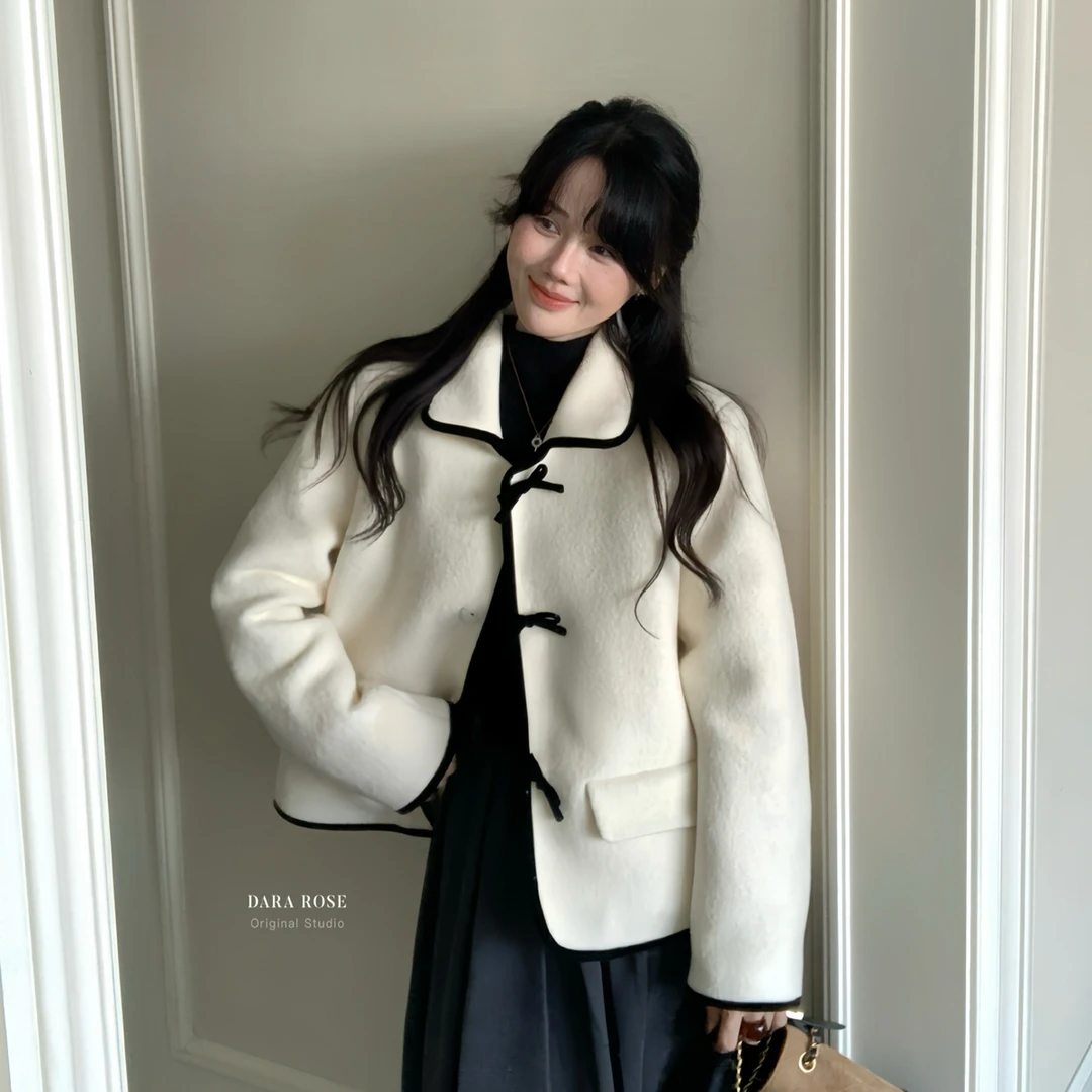 边蝴蝶结翻领羊毛呢加厚羽绒外套保暖羽绒服外套S8167