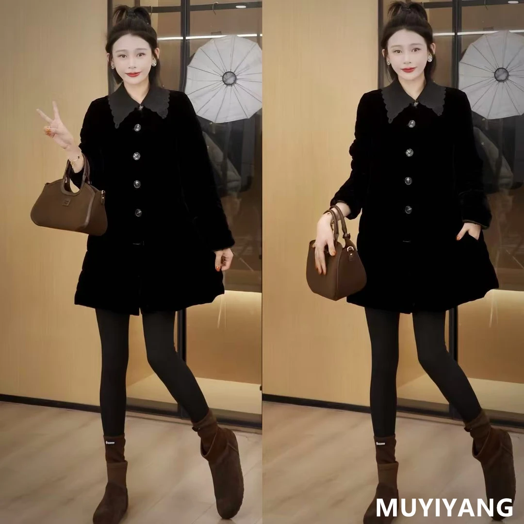 【墨褶】设计感小众蕾丝领真丝丝绒高定版棉衣外套 衣长79 25-551#