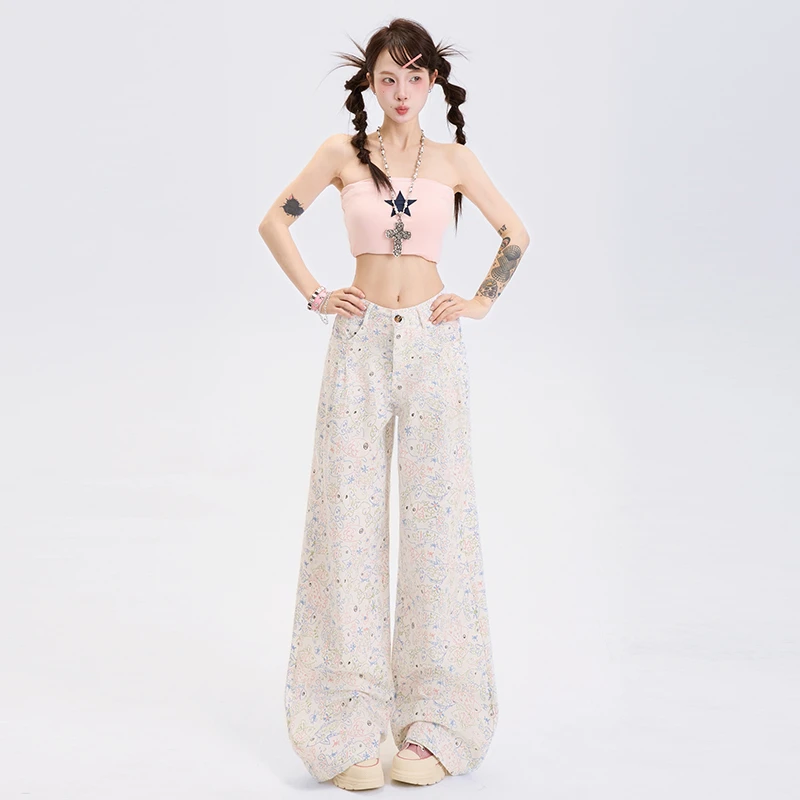 夏日系白色印花涂鸦牛仔裤女高个子高腰显瘦直筒拖地裤