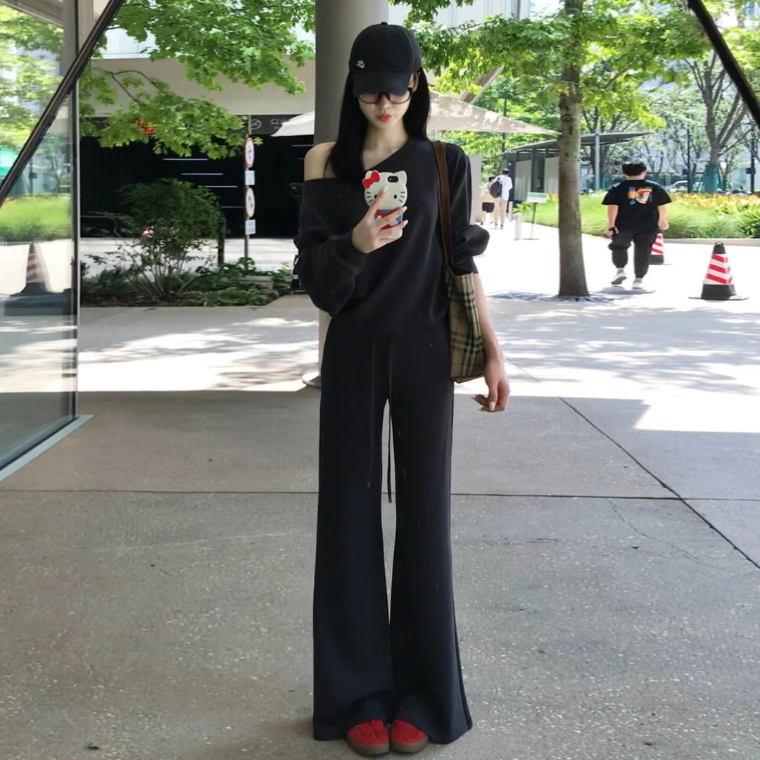 休闲运动套装女2025秋冬季新款蓝色斜肩长袖卫衣穿搭长裤两件套女