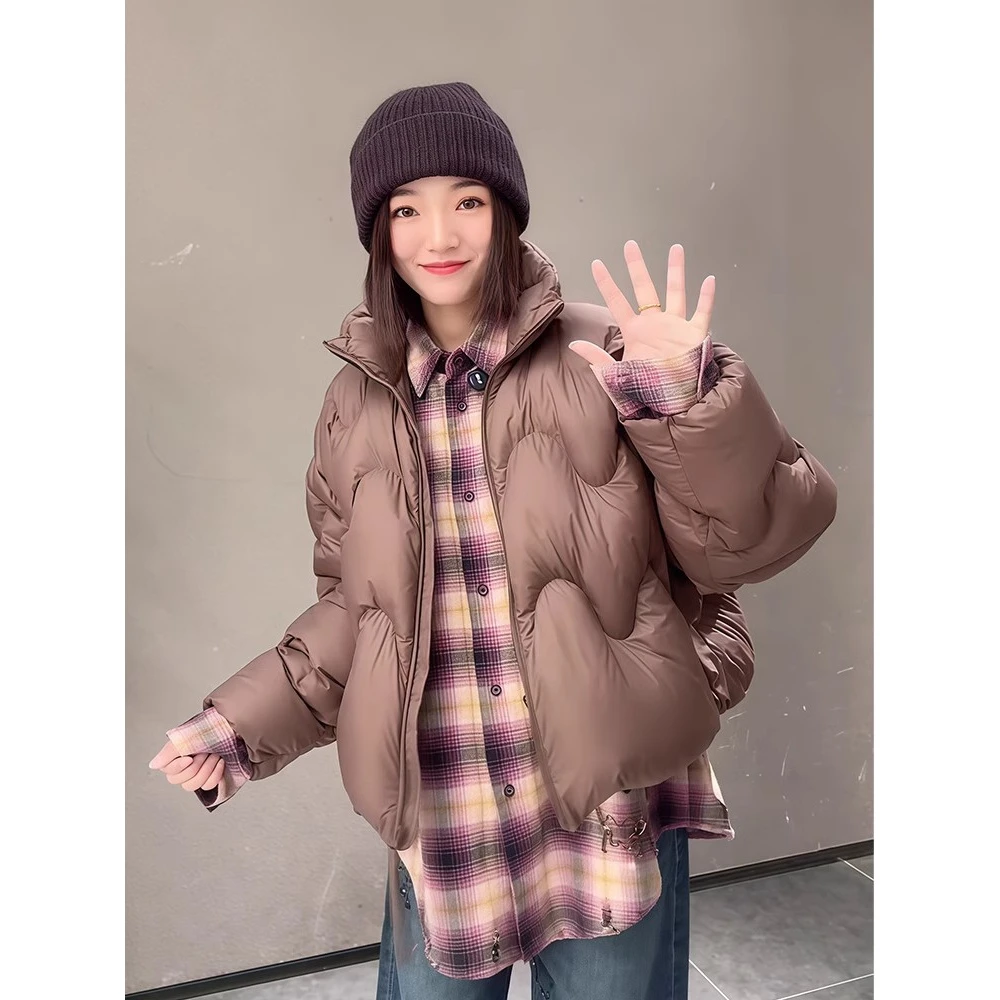 咖色短款波浪羽绒服女2025冬季新款保暖加厚白鸭绒韩版面包服外套