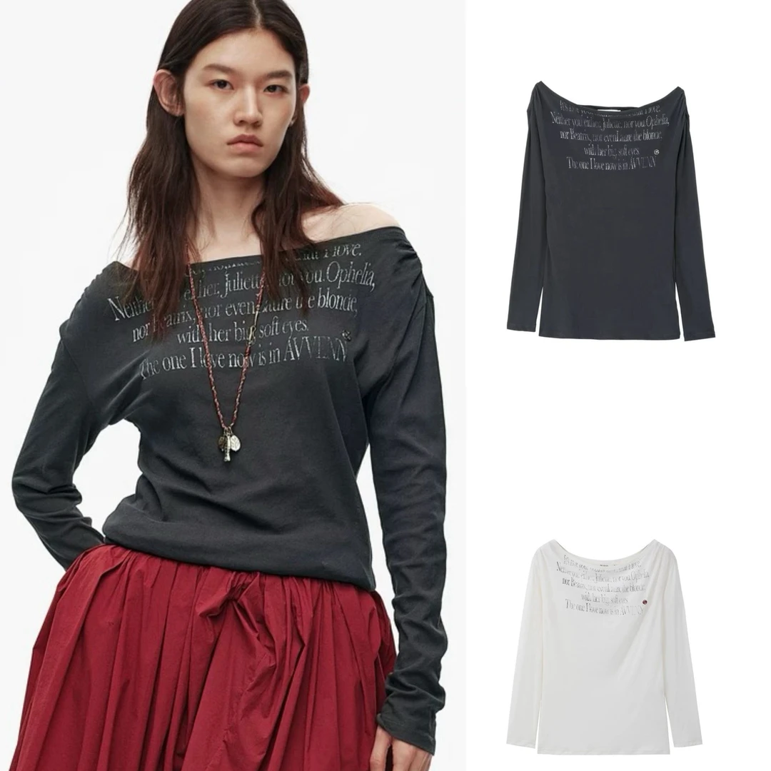 avvenn 25SS字母大领口薄款长袖T恤女春夏新款修身显瘦百搭上衣