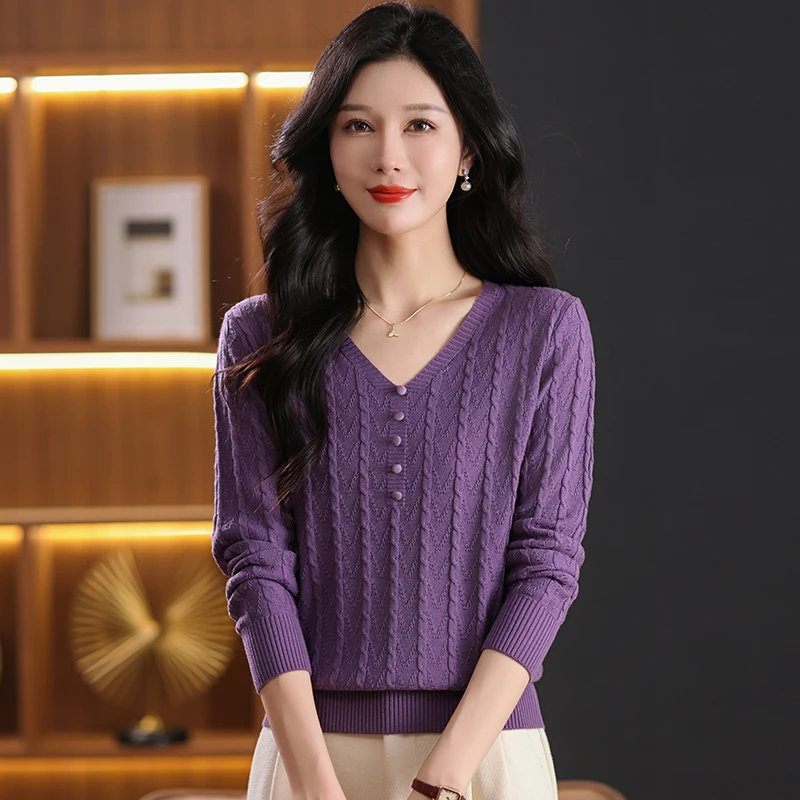 春秋长袖针织衫时尚春秋显气质镂空百搭宽松显瘦v.领秋冬套头上衣