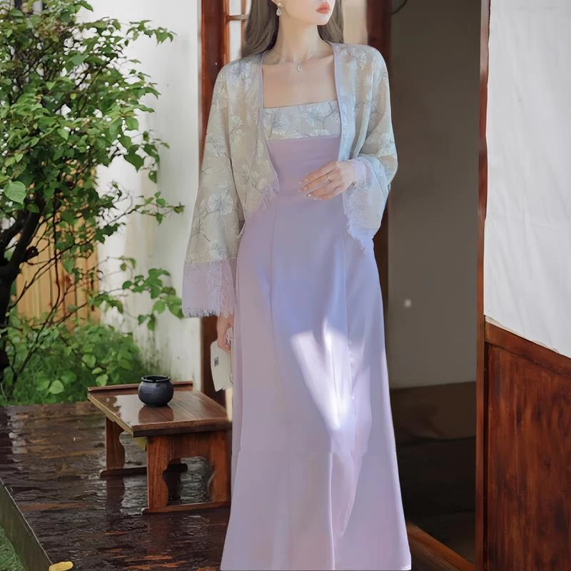 老钱风松弛感女装贵气K中国风高档提花外搭披肩女+醋酸缎面吊带连