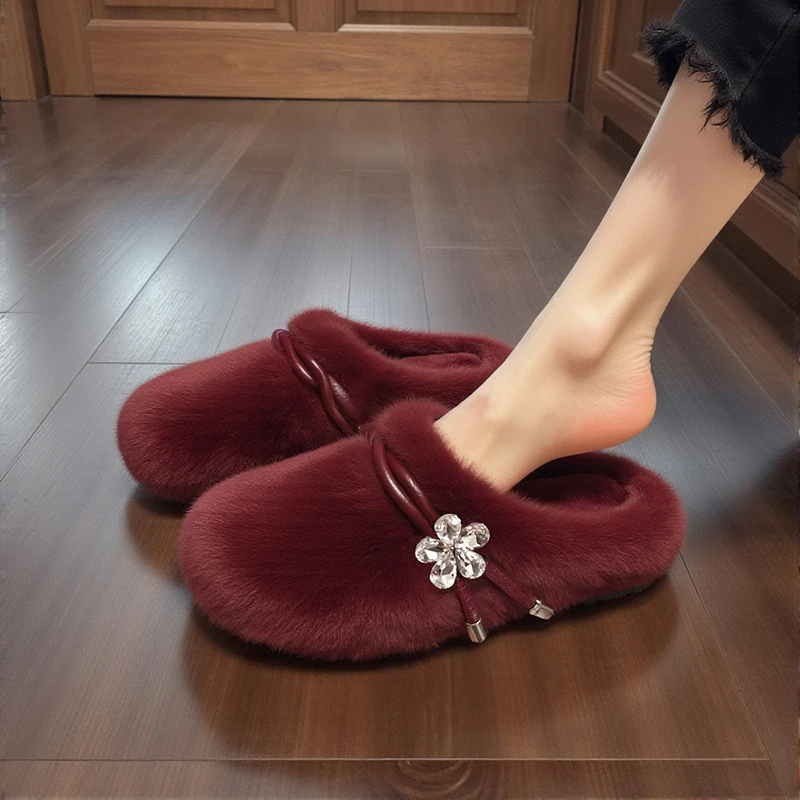 兔毛绒包头毛毛拖鞋女外穿2025新款秋冬复古红色花朵超软孕妇棉拖