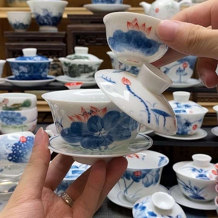 手绘荷花悬停盖碗➕同款客杯釉下彩高温瓷微瑕福利款