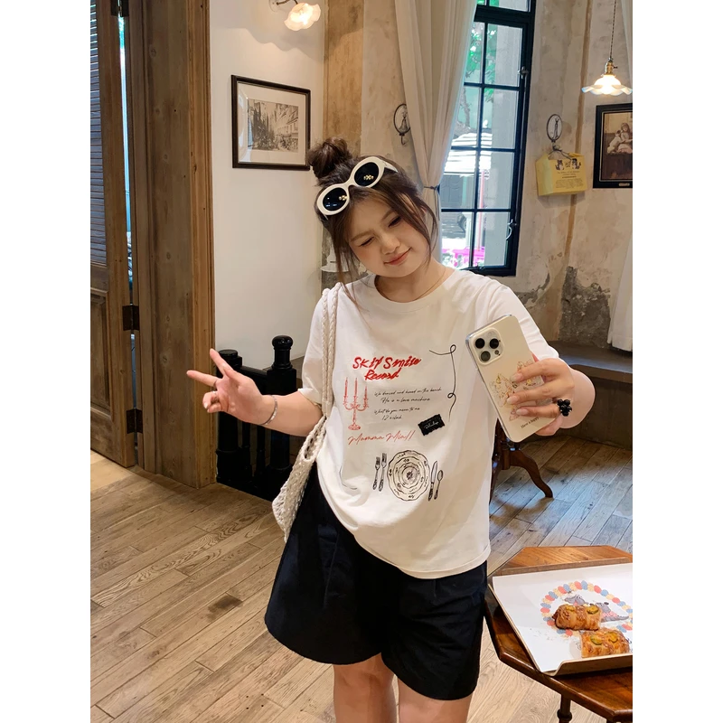 ALINDM【韩风可露丽】定制大码夏季胖mm遮肚上衣200斤T恤女HG8521