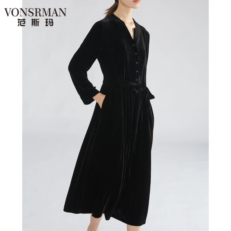 VONSRMAN 真丝丝绒连衣裙长裙桑蚕丝长袖衬衫裙V领黑色显瘦A字裙