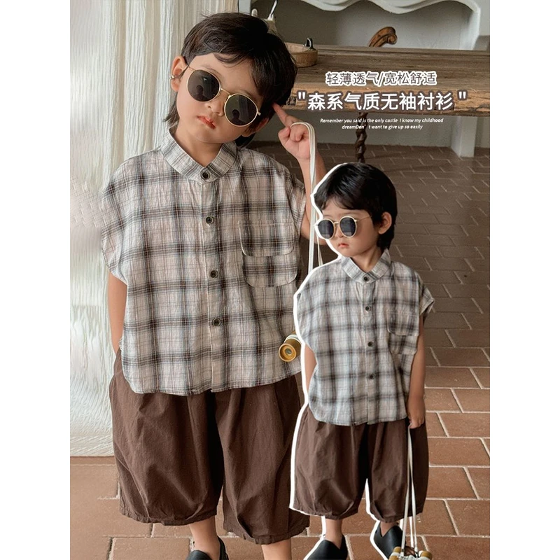 《夏上新》盛夏薄款格纹儿童复古领落肩衬衫25XL944森系男女童上衣