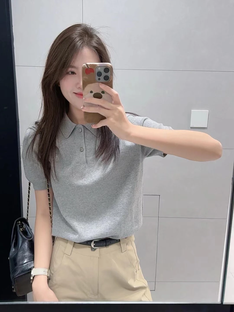 2025春夏新款韩版简约休闲灰色翻领短袖polo衫高腰百搭休闲裤套装