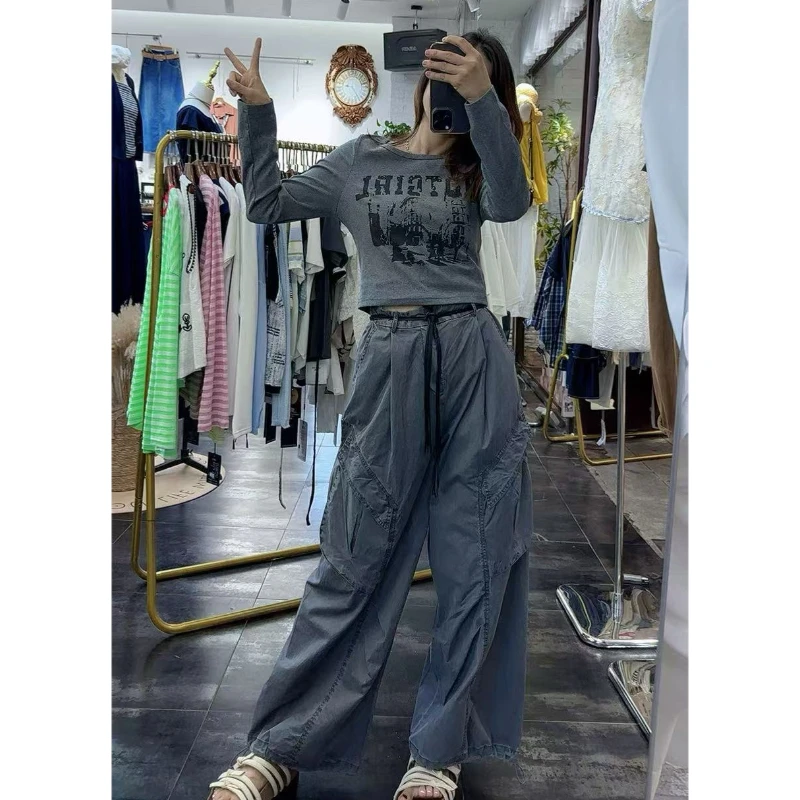 秋新品辣妹风短款长袖衫高腰阔腿工装裤两件套女减龄青春美式套装