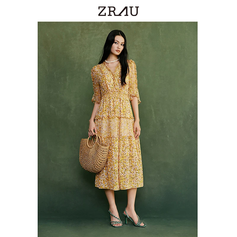 ZRAU质感油画小雏菊浪漫碎花连衣裙91130321103