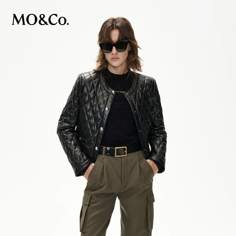 【粉丝专享】MOCO秋冬箱型摇滚素皮菱格轻薄羽绒服外套MBC4EIN034