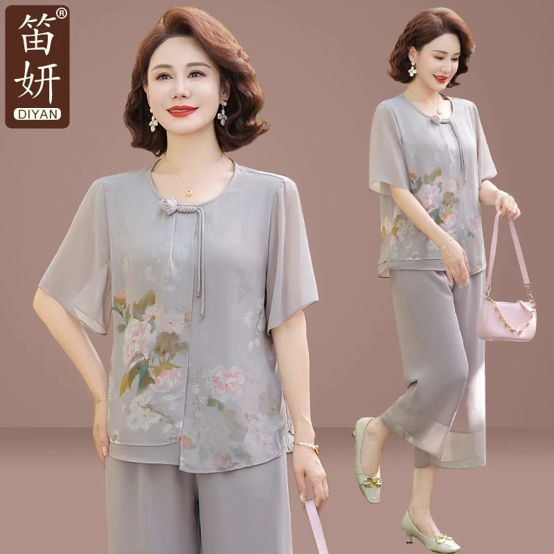 新中式妈妈夏装雪纺套装小衫洋气中老年女夏季短袖T恤国风上衣服