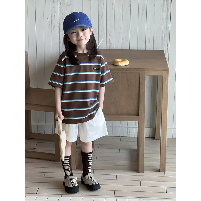 【现货】略略童装儿童夏季女童薄款条纹拼色短袖T恤N252TX4013