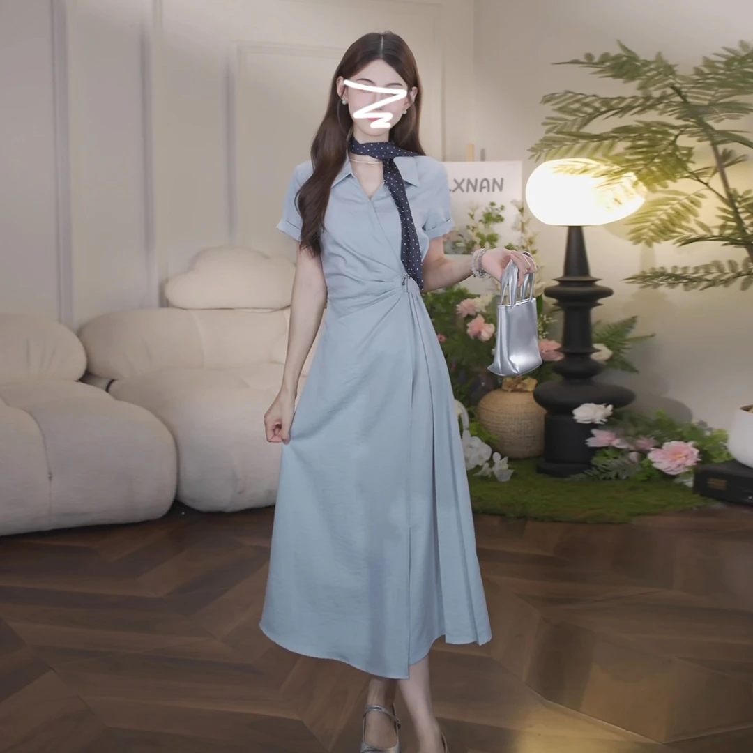 蓝色连衣裙女夏季2025新款爆款小个子巨好看大方得体收腰绝美长裙