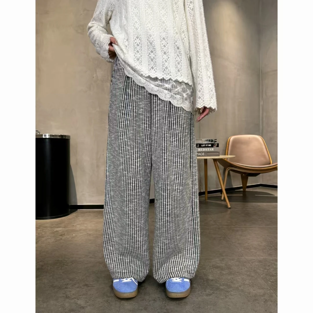 【条纹定律】秋季百搭黑白条纹编织感阔腿裤女