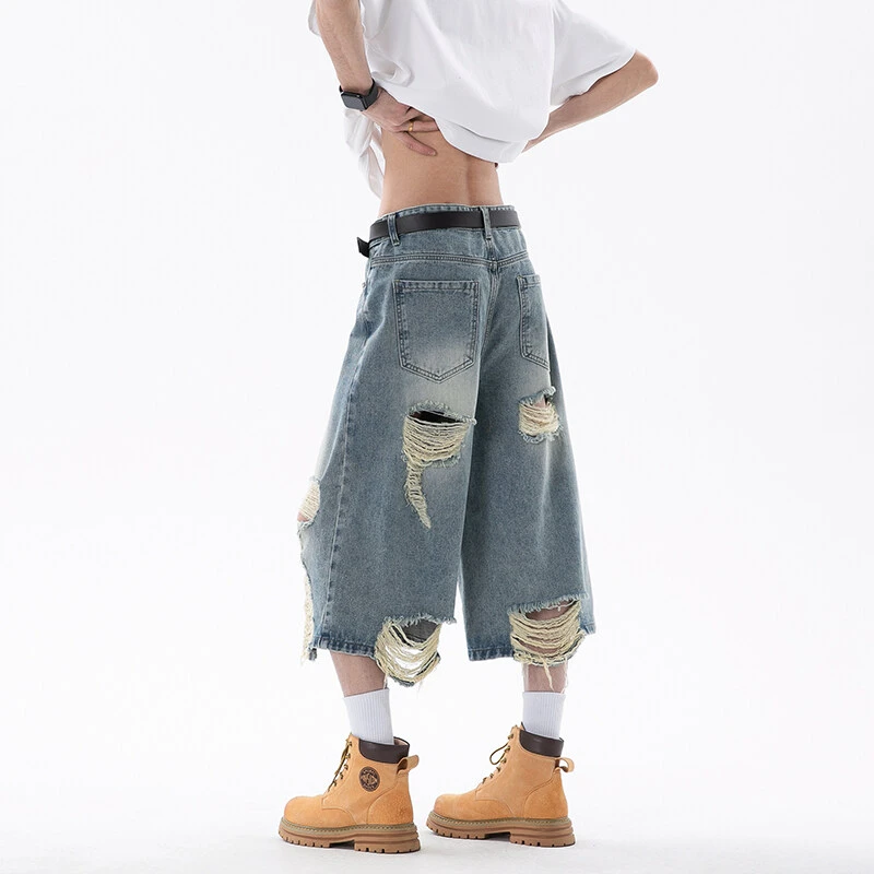 美式vintage七分裤男2025夏季破洞抽纱复古水洗设计潮流牛仔短裤