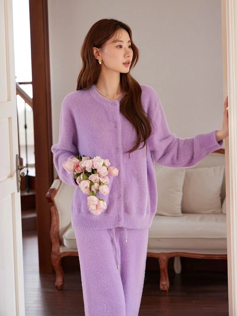 仿貂绒女睡衣冬季气质小香风长袖长裤可外穿高级感性感家居服套装