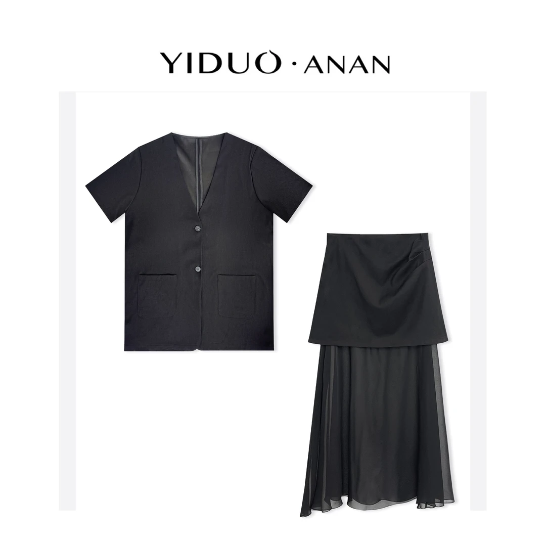 Yi·Duo 大码欧货蕾丝领带网纱裙拼接西服套装