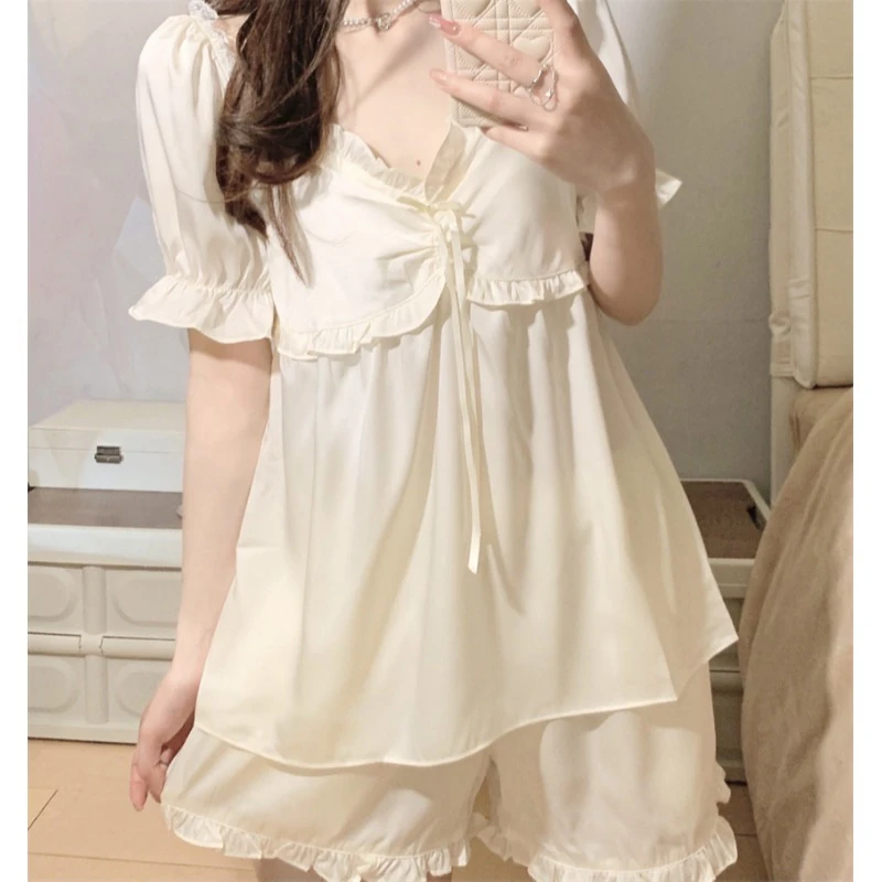 甜美公主风夏季吊带睡衣两件套带胸垫ins薄款荷叶边家居服代发