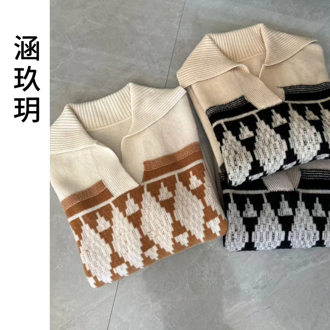 涵玖玥【100羊毛】轻奢翻领艺术家针织宽松毛衣上衣XZ-01-192